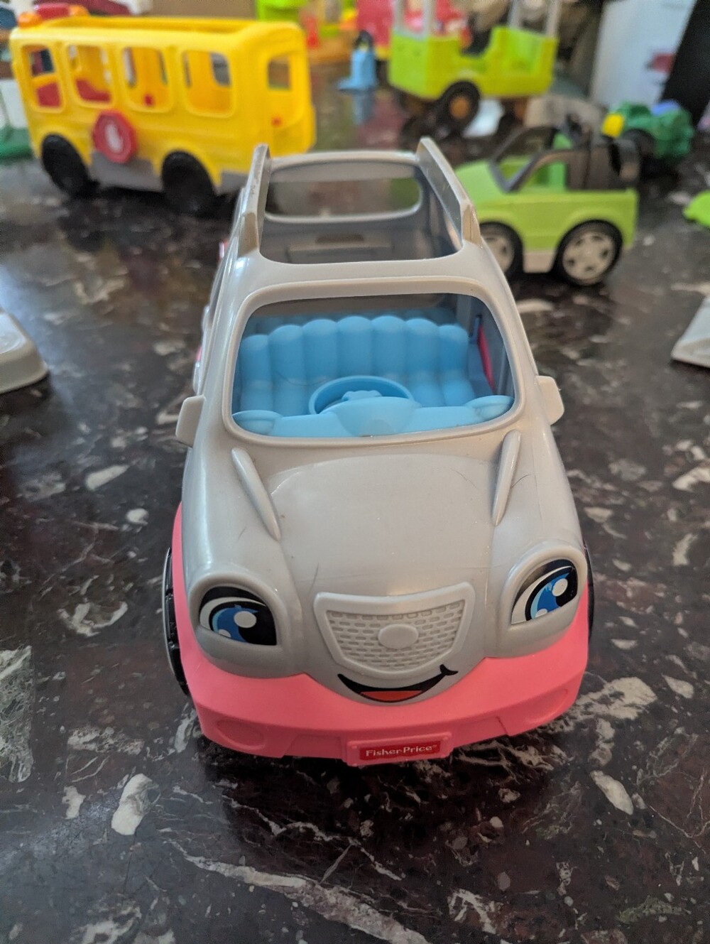 Little People - Fisher-Price Gray, Pink & Blue Smiling Ride-On Toy Car